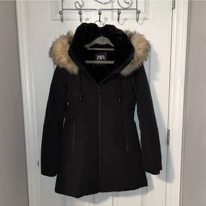 NEW Zara Black Faux Fur Parka Women's XS Coat Jacket With Hood Winter Classic